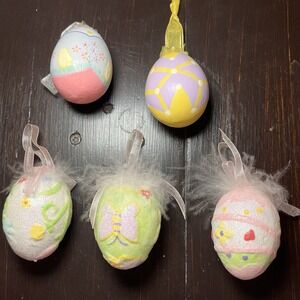 Lot Of 5 Glitter Easter Eggs Vintage Painted Ribbon For Tree